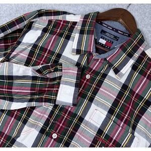Tommy Jeans Plaid Button Down Shirt Mens XL Green Red White  2002 Vintage